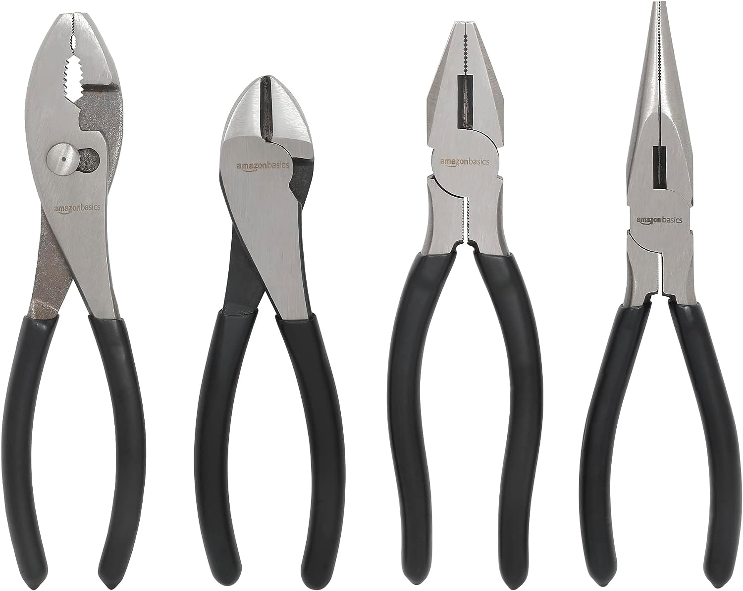 Amazon Basics Plier Tools, Set of 4, Silver, Black
