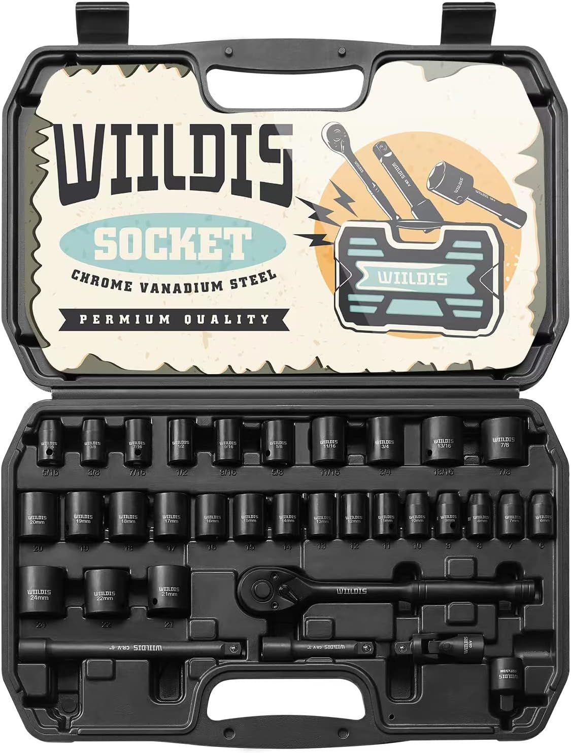 WIILDIS Impact Socket Set, 33-Piece, 3/8