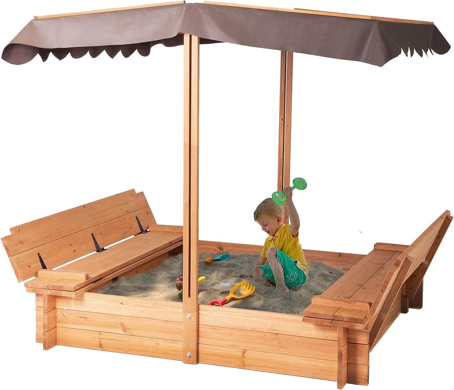 BIRASIL Wood Sandbox with Cover, Sand Box with 2 Bench [...]