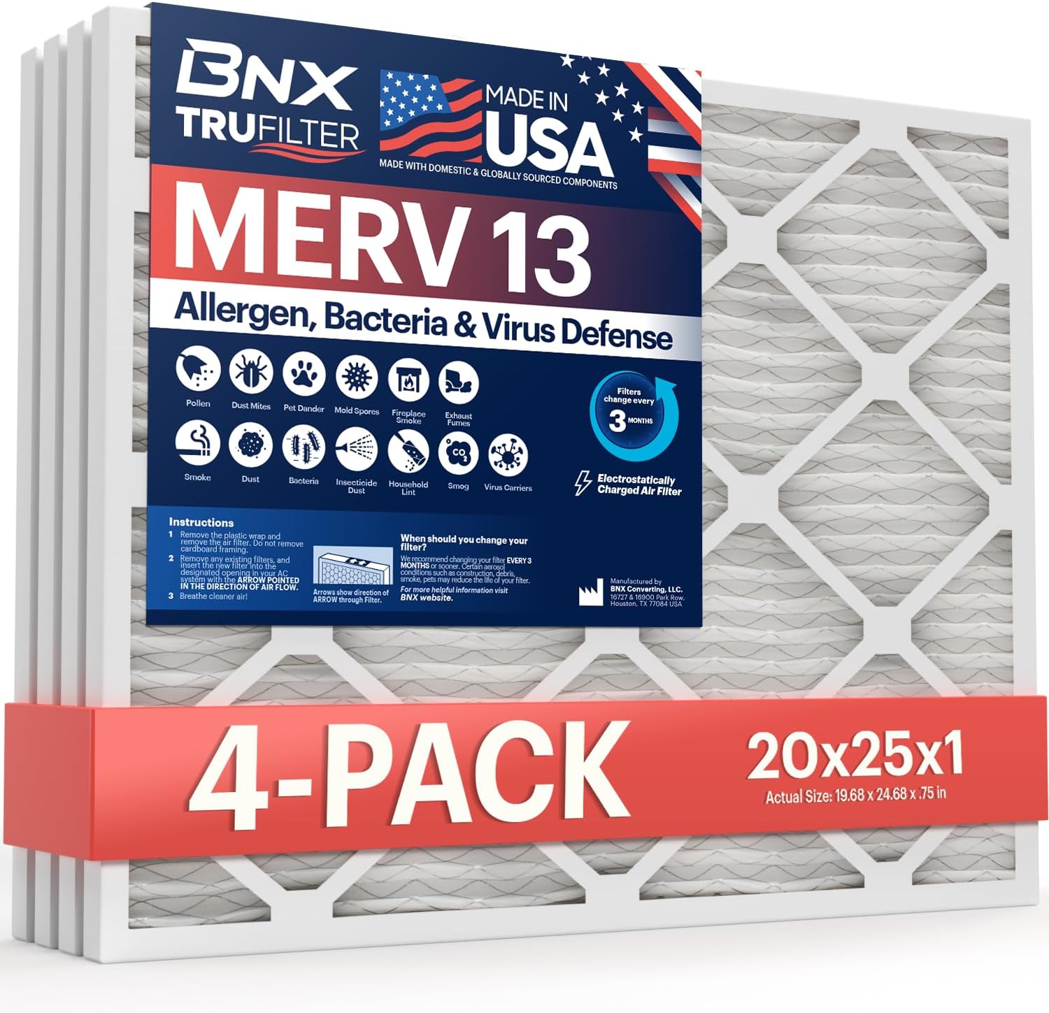 BNX TruFilter 20x25x1 Air Filter MERV 13 (4-Pack) - [...]