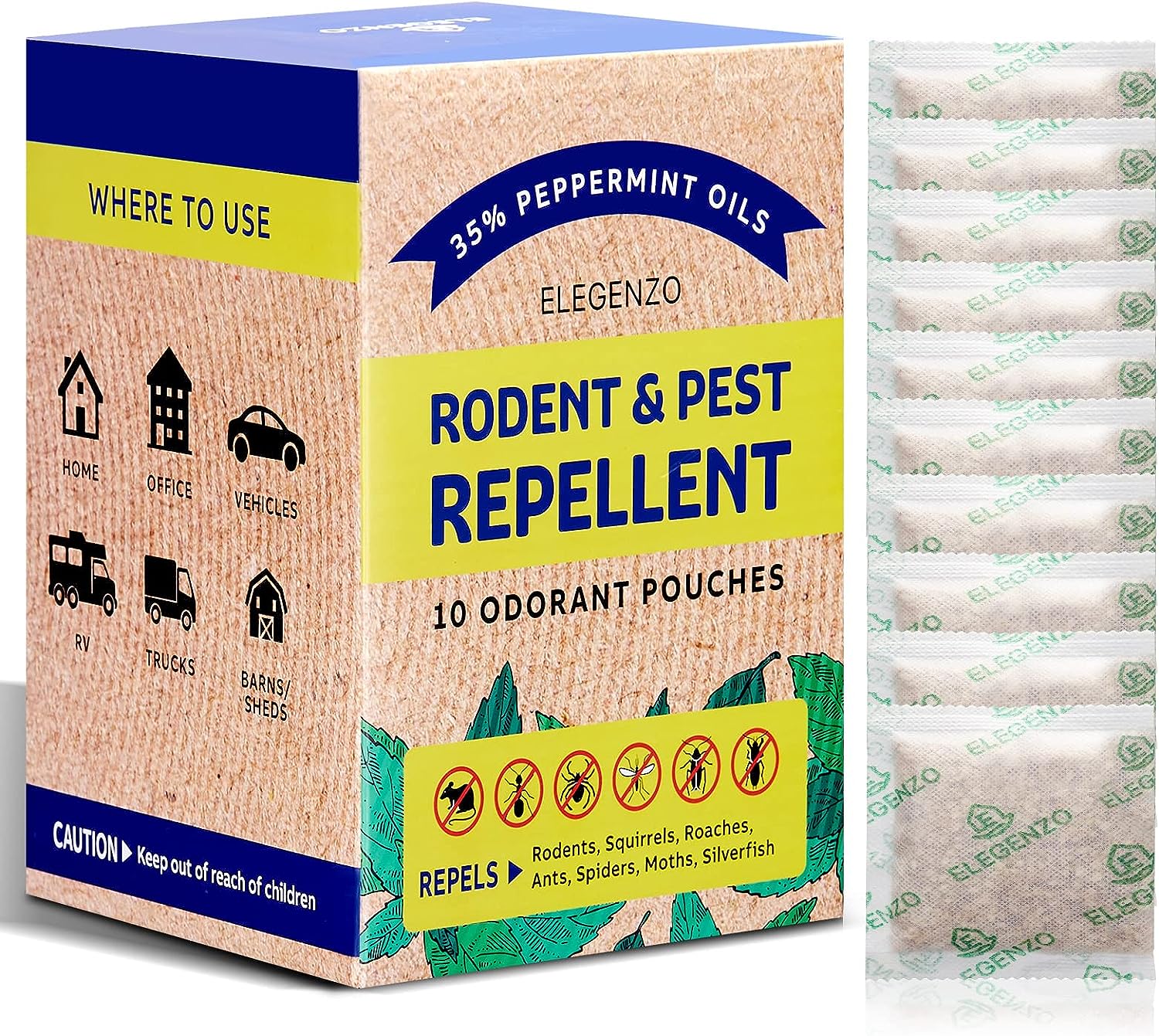 ELEGENZO Mouse Repellent Pouches, 35% Peppermint Oil [...]