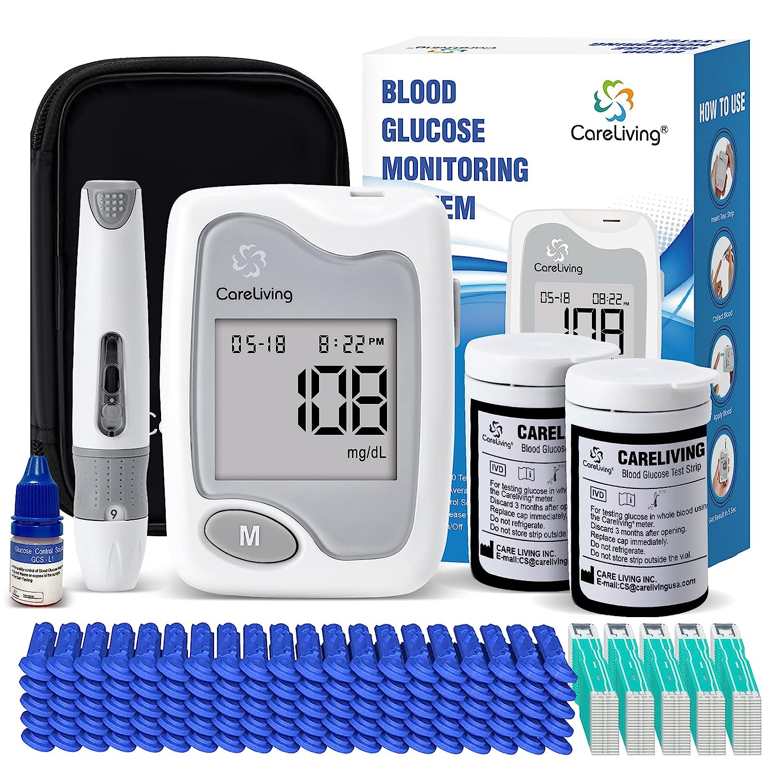CareLiving Blood Glucose Monitor Kit, 100 Test Strips, [...]