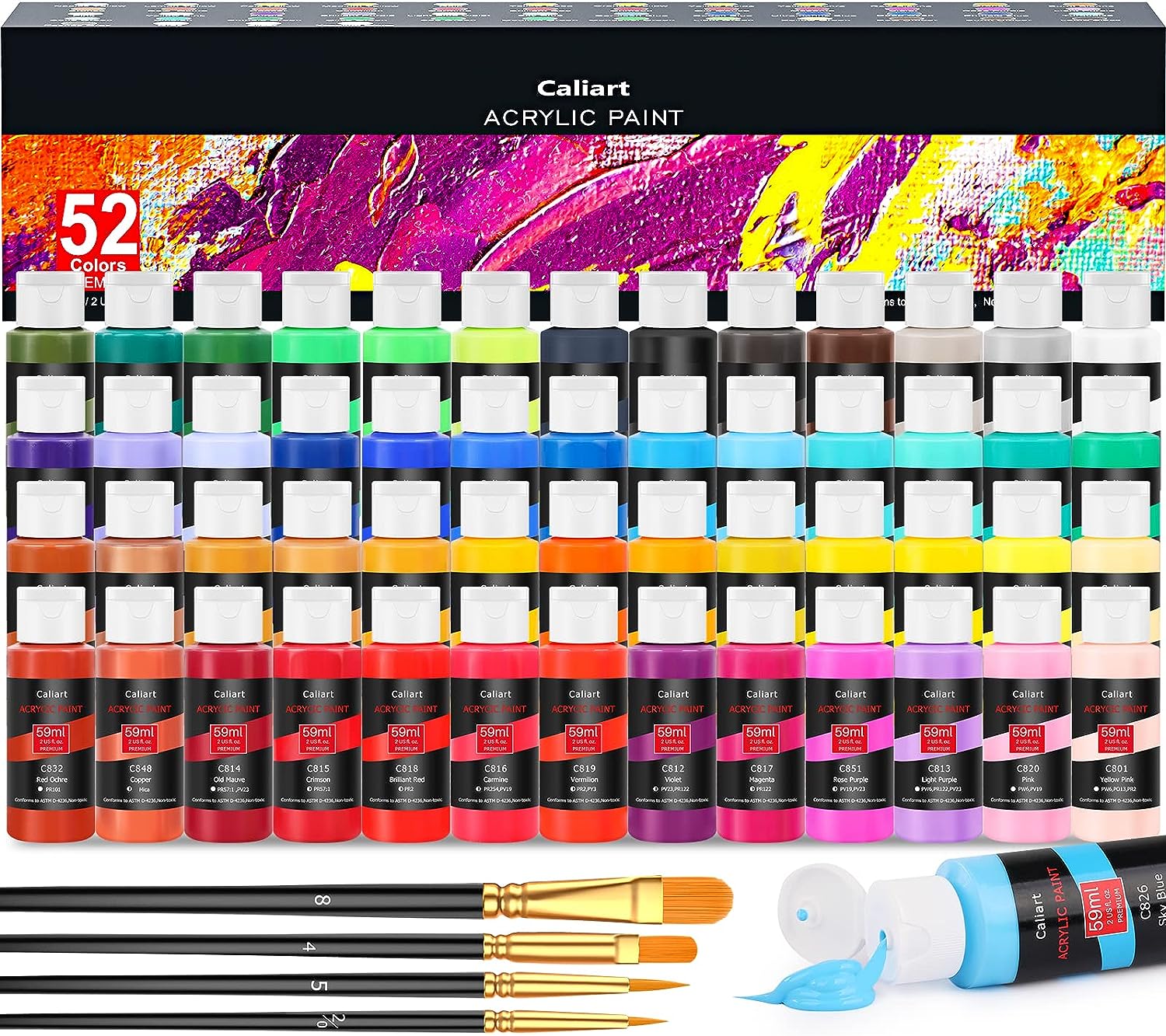 Caliart Acrylic Paint Set With 4 Brushes, 52 Colors [...]