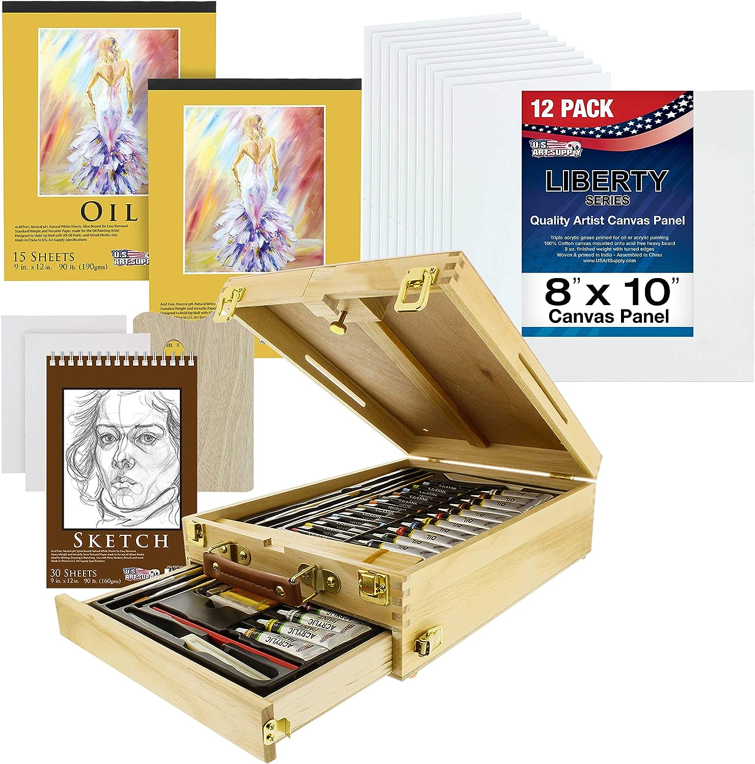 US Art Supply 76-Piece Wood Box Easel Painting Set- [...]