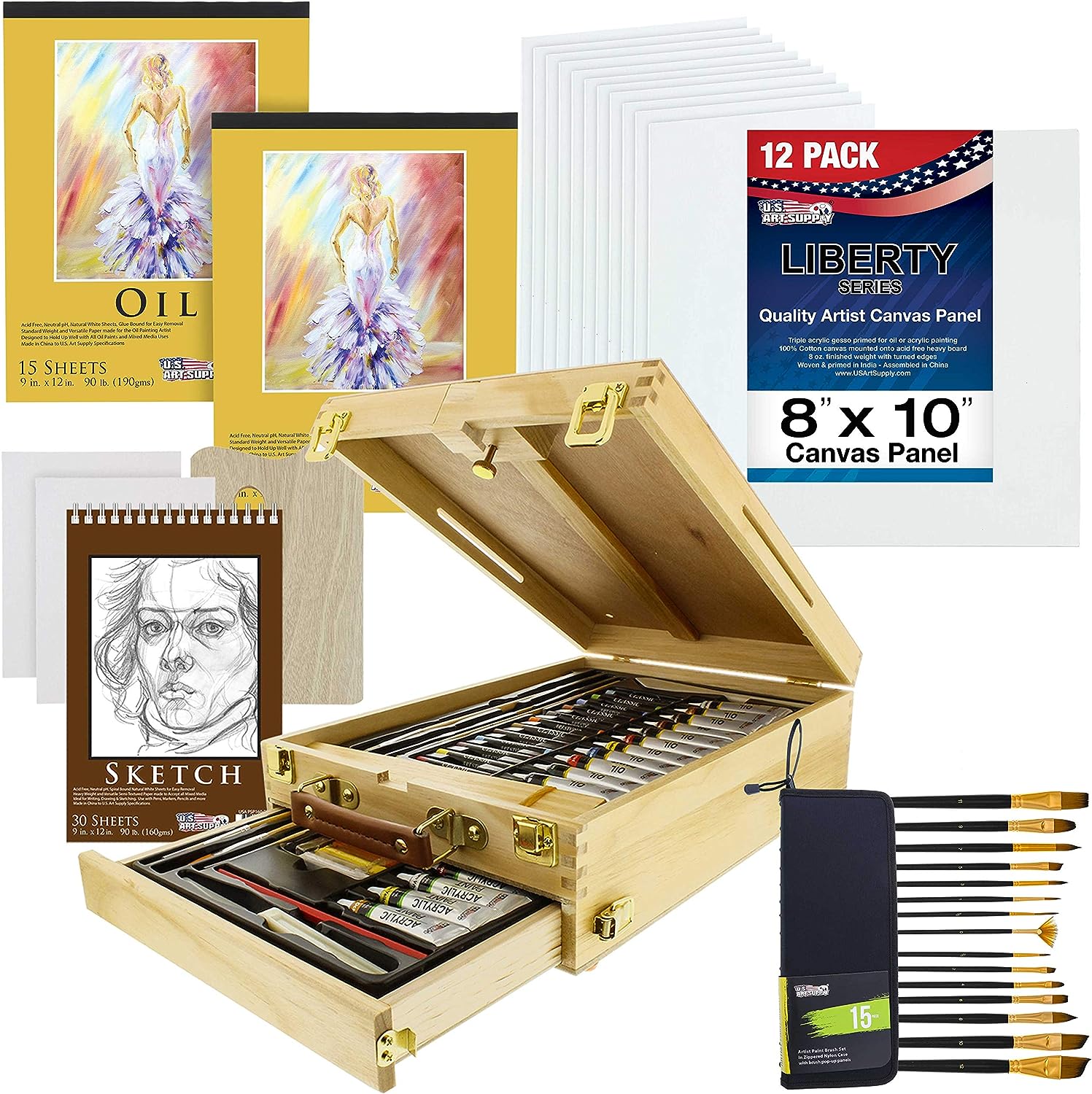 US Art Supply 91-Piece Wood Box Easel Painting Set- [...]